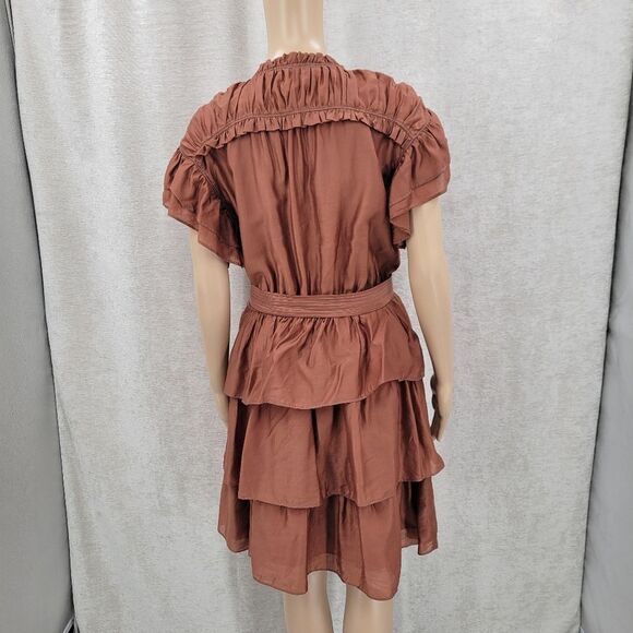 Current Air Flutter Sleeve Tiered Mini Dress Bronze Brown Belted - Picture 10 of 14